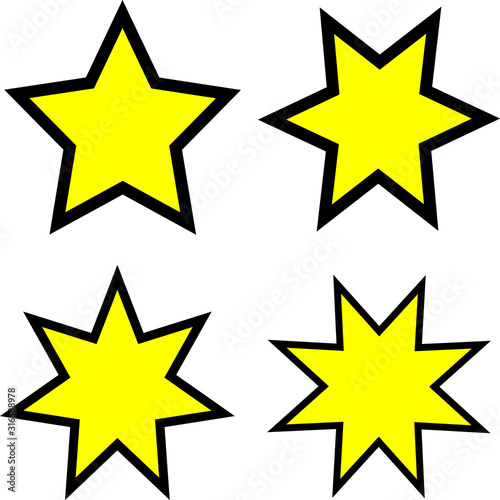 Assorted isolated yellow star icons. Black border stock vector. Flat style.