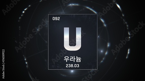 3D illustration of Uranium as Element 92 of the Periodic Table. Silver illuminated atom design background with orbiting electrons name atomic weight element number in Korean language photo