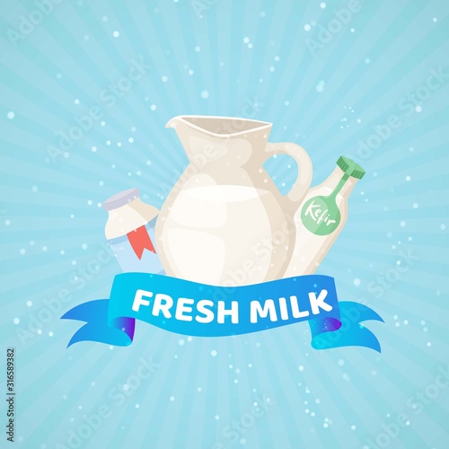 Fresh milk product dairy banner with branded milky bottles cream and kefir with banner and text vector illustration. Fresh cows milked products poster.