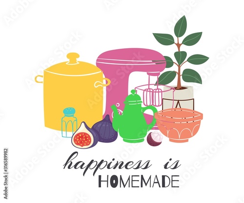 Happiness is homemade lettering with calligraphic font and decorated with kitchenware for cooking food vector illustration. Homemade poster with home utensils.