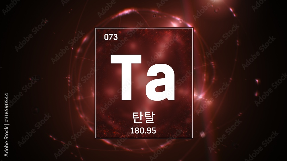 3D illustration of Tantalum as Element 73 of the Periodic Table. Red