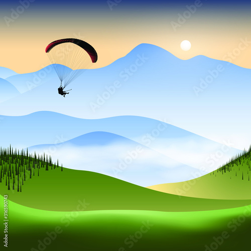 Silhouette of flying paraglider take a selfie with action camera in a mountain valley at sunrise. Vector illustration, EPS 10.
