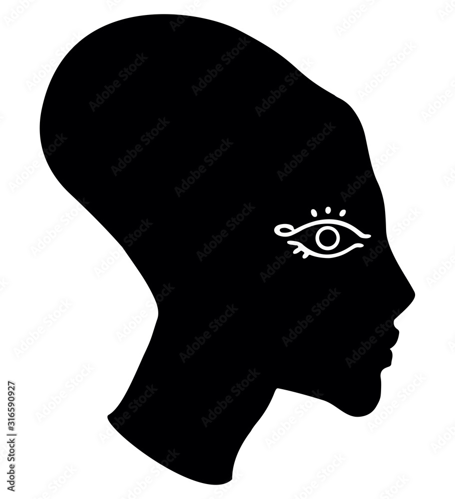 Profile of a girl with an elongated skull in the Egyptian style. Sign, silhouette. Profile of a girl with an elongated skull in the Egyptian style. Sign, silhouette.