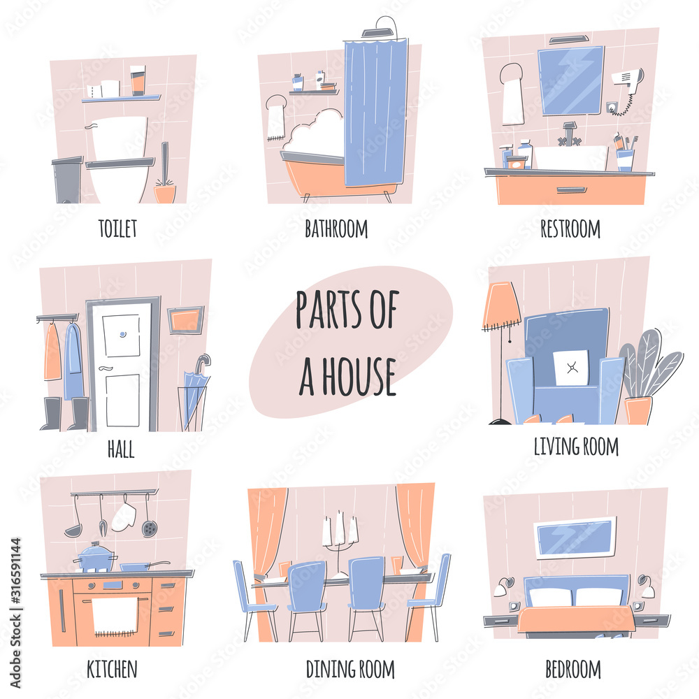 Set of parts of the house. Set of rooms. Vector illustration on white