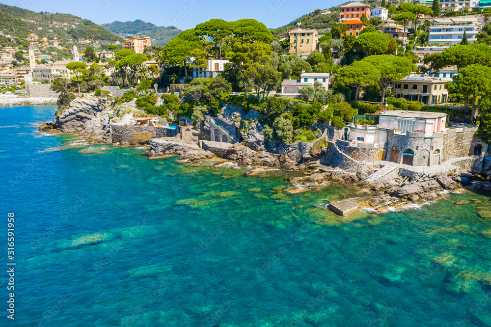 Rocky bay in Camogli, Italy. Aerial view on Adriatic seaside, liguria.