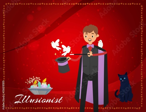 Magician conjures pigeons out of magical hat or illusionist performing tricks with white dove on chapiteau circus stage vector illustration. Magic show, imagination invitation flyer or poster.