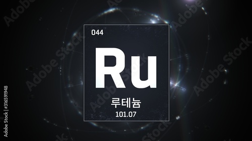 3D illustration of Ruthenium as Element 44 of the Periodic Table. Silver illuminated atom design background orbiting electrons name, atomic weight element number in Korean language photo