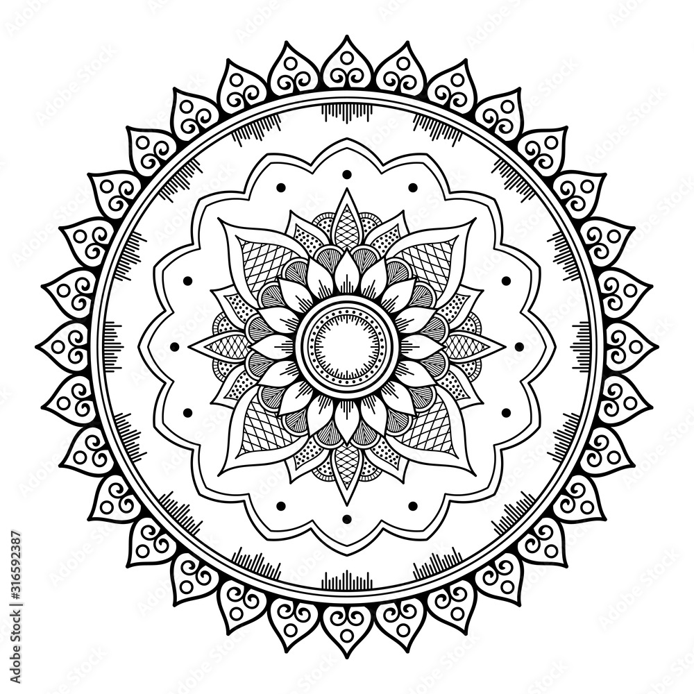 Flower-shaped mandala, black and white pattern. Islam, Arabic, Pakistan, Moroccan, Turkish, Indian, Spain motifs. Hand drawn background, can be used for coloring book, greeting card.