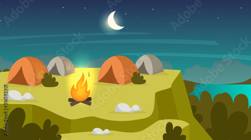 Camping sit flat vector illustration. Night scene with campfire and tents. Overnight stop on mountain peak. Hiking rest on hill plato. Field landscape. Expedition site. Valley cartoon background