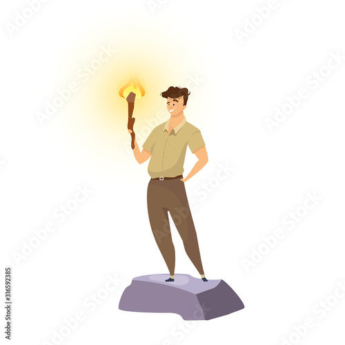 Explorer flat color vector illustration. Male adventurer with torch. Man standing with flambeau. Venturer smiling. Trailblazer in khaki uniform. Tourist isolated cartoon character on white background