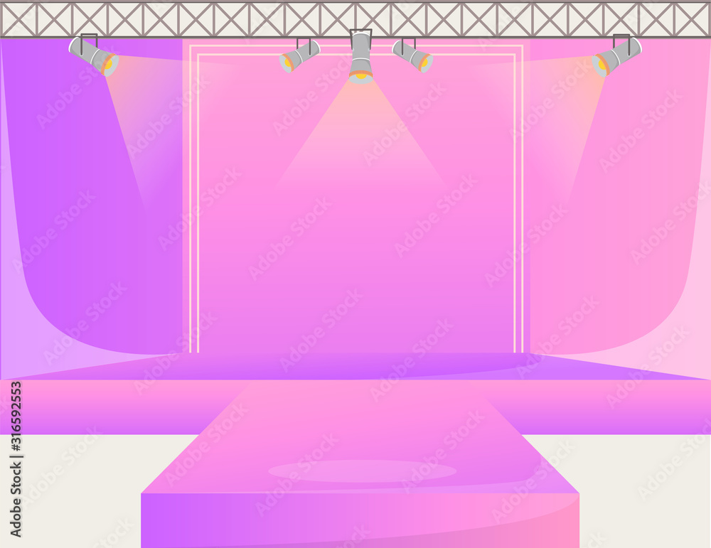 Pink runway platform flat color vector illustration. Empty podium stage.  Catwalk with spotlights. Fashion week demonstration area. Presentation of  new collection. Fashion shows background Stock Vector