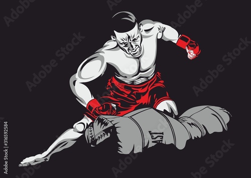 Train hard or go home. Man punching a bag with mma gloves.