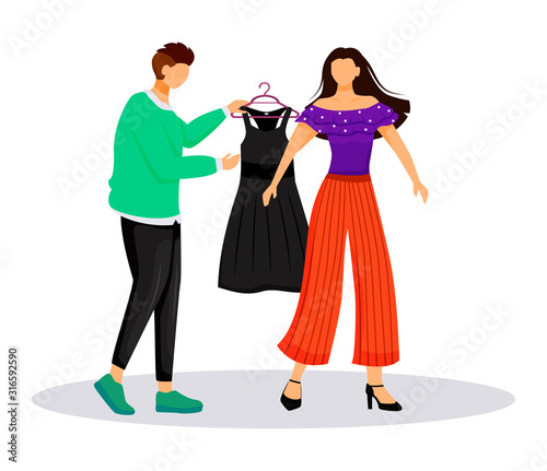 Fashion designer work flat color vector illustration. Dressing up famous people. Choosing outfit for catwalk. Preparing model for runway isolated cartoon character on white background