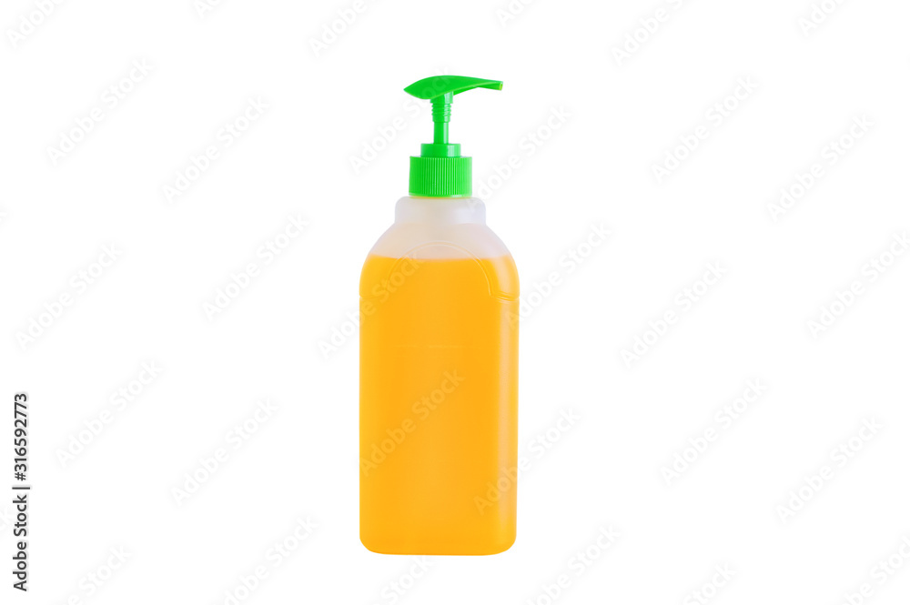 Close-up plastic translucent bottle dispenser with soap. White isolate. Close-up plastic translucent bottle dispenser with soap. White isolate.