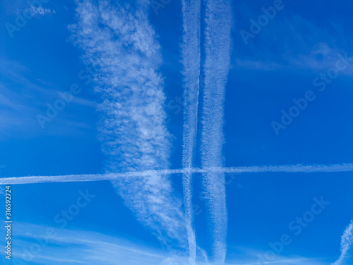 Homomutatus, contrails, thin artificial clouds everywhere in the sky as far as the eye can see due to the massive increase in air traffic and the pollution of the environment by Co2 emissions.