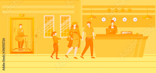 Hotel clients flat vector illustration. People with child near reception. Room reservation, hospitality service. Lobby, waiting area, front desk. Receptionist and guests cartoon characters