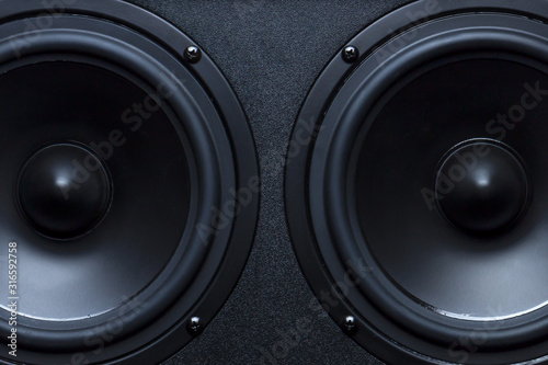 Two black speakers close-up as a background. photo