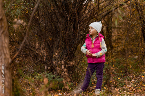 Little beautiful girl in warm colored clothes alone in the autumn forest.