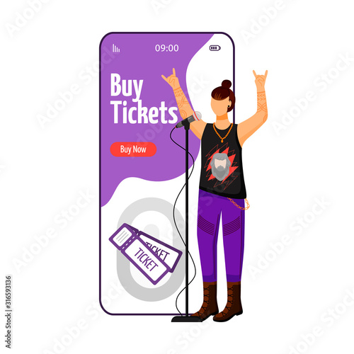 Buy tickets cartoon smartphone vector app screen. Rock band vocalist. Musician. Concert, gig. Event. Mobile phone display with flat character design mockup. Application telephone cute interface