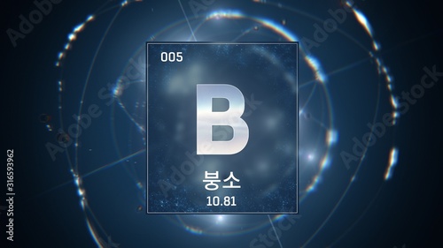 3D illustration of Boron as Element 5 of the Periodic Table. Blue illuminated atom design background orbiting electrons name, atomic weight element number in Korean language