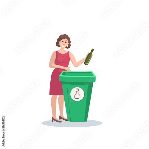 Vector colorful illustration with standing woman putting glass bottle in trash bins, dumpsters, containers. Illustration on the theme of garbage sorting, technology, ecology. Cartoon flat character