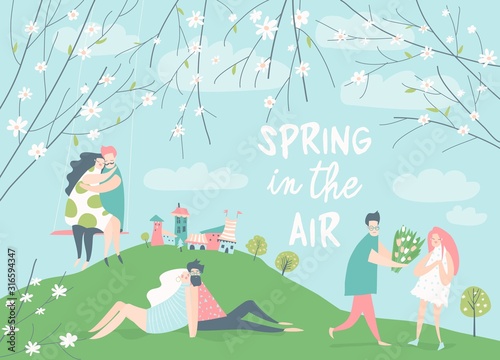 Cartoon happy couples in love in spring garden. Joyful emotions