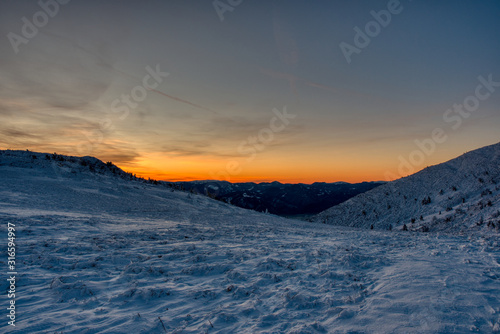 Foggy morning scene of winter mountains. Unbelievable sunrise in Mala Fatra Slovakia