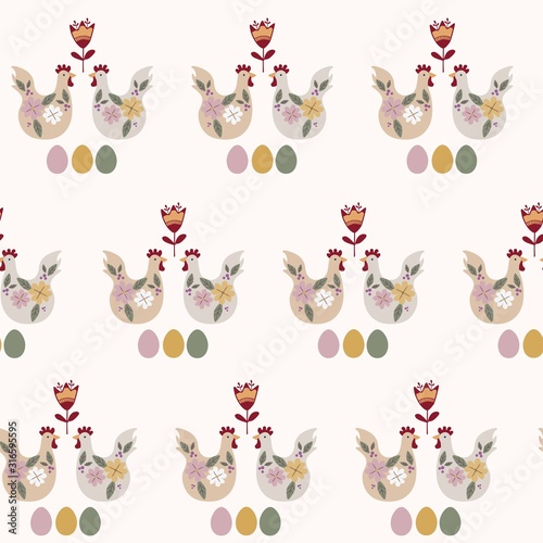 Seamless pattern with chicken couple for Easter and other users. Design element. Ethnics motives.