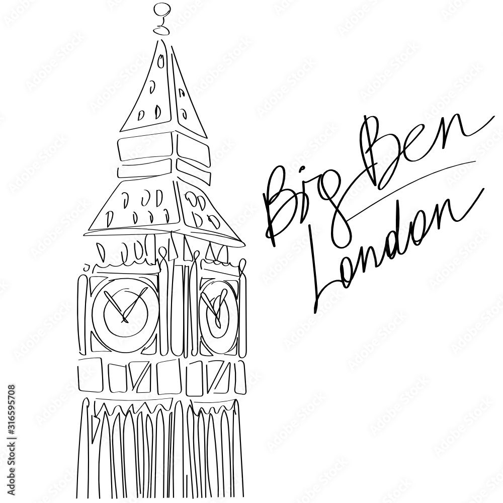 Fototapeta premium Line art Big Ben Illustration, London, Parliament, United Kingdom