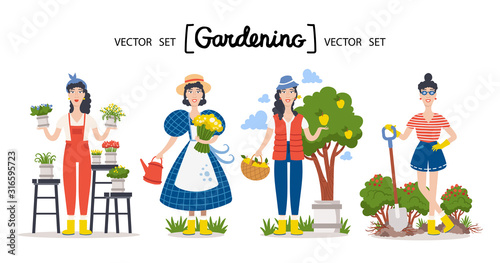 Vector cartoon set on the theme of garden, gardener and agriculture. Colorful flat design. Smiling women are working on the ground, looking after flowers, taking a harvest