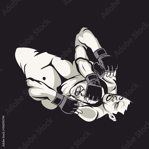 Two MMA fighters grappling on training in gym.