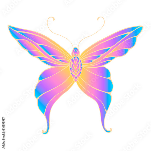 Butterfly with patterned wings, bright gradient orange purple blue color, isolated white background