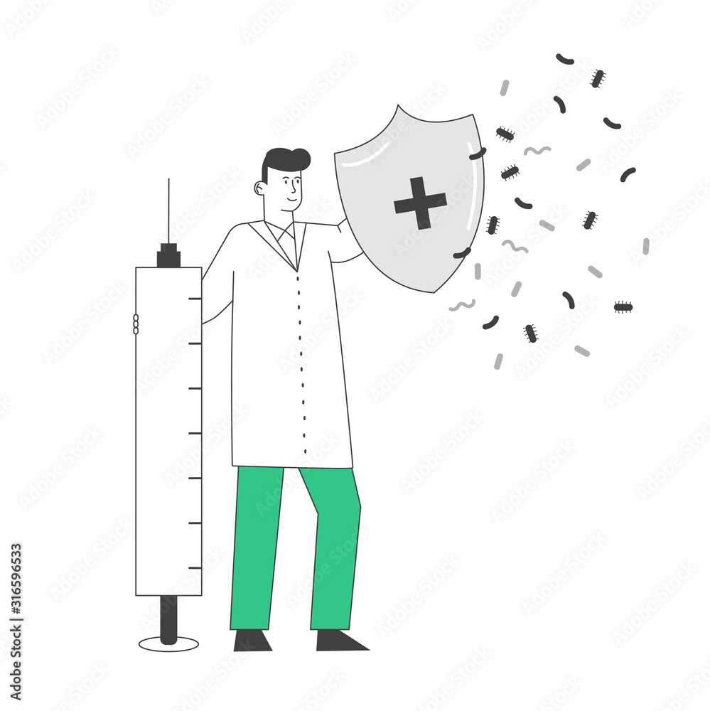 Epidemiology and Vaccination Concept. Doctor Hold Huge Syringe and Shield  with Cross Sign Protecting of Bacteria. Prevention and Protection Virus Infection  Cartoon Flat Vector Illustration, Line Art Stock Vector | Adobe Stock