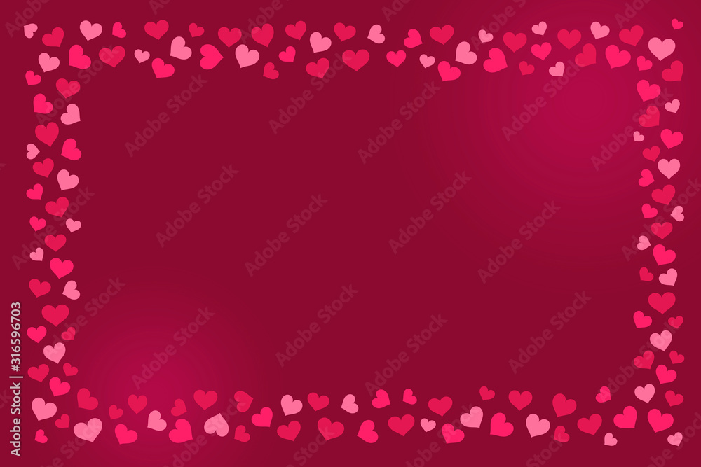 Abstract love for your Valentines Day greeting card design. Red Hearts frame isolated on red background.