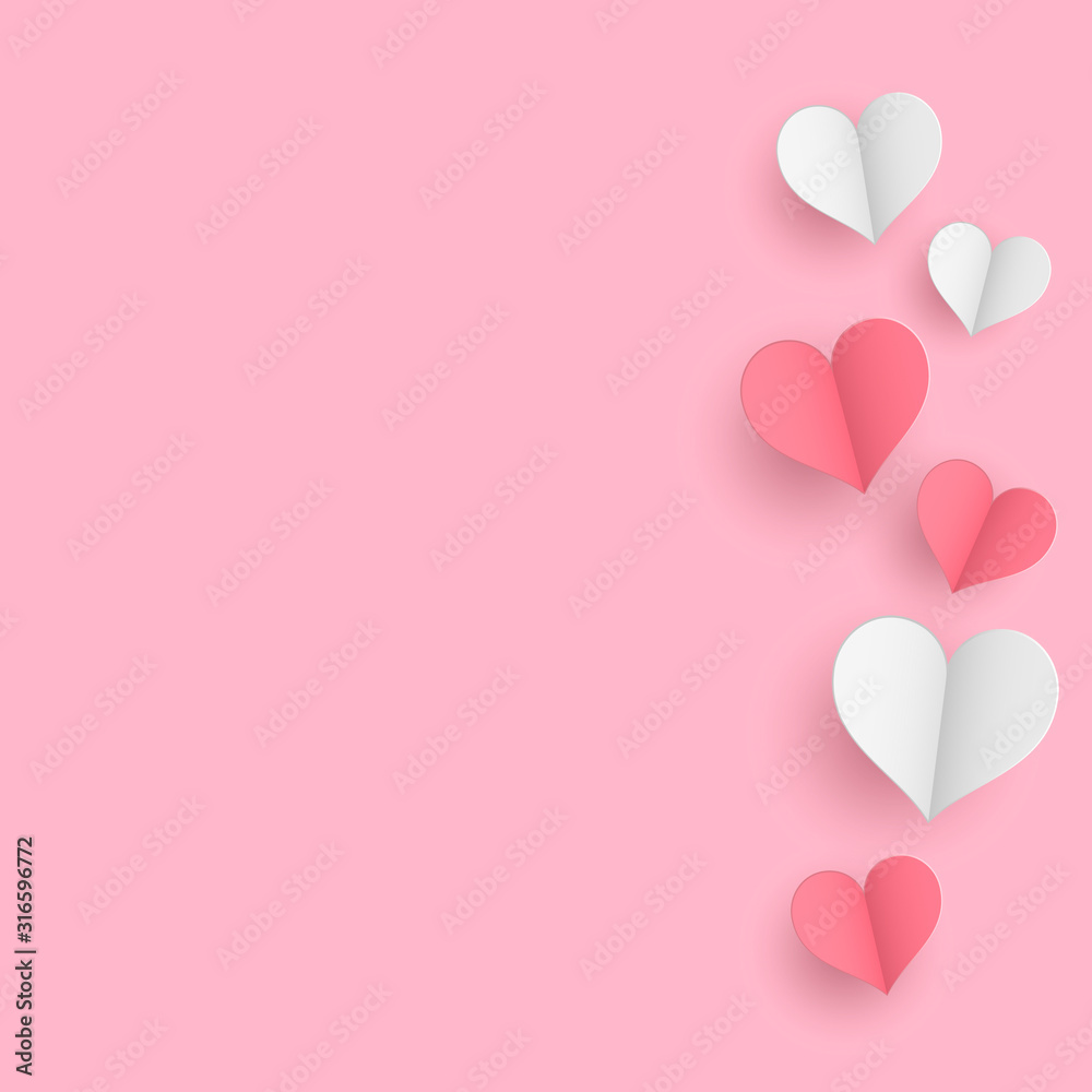 Valentine s day concept background. 3d red and white paper hearts on the pink background.