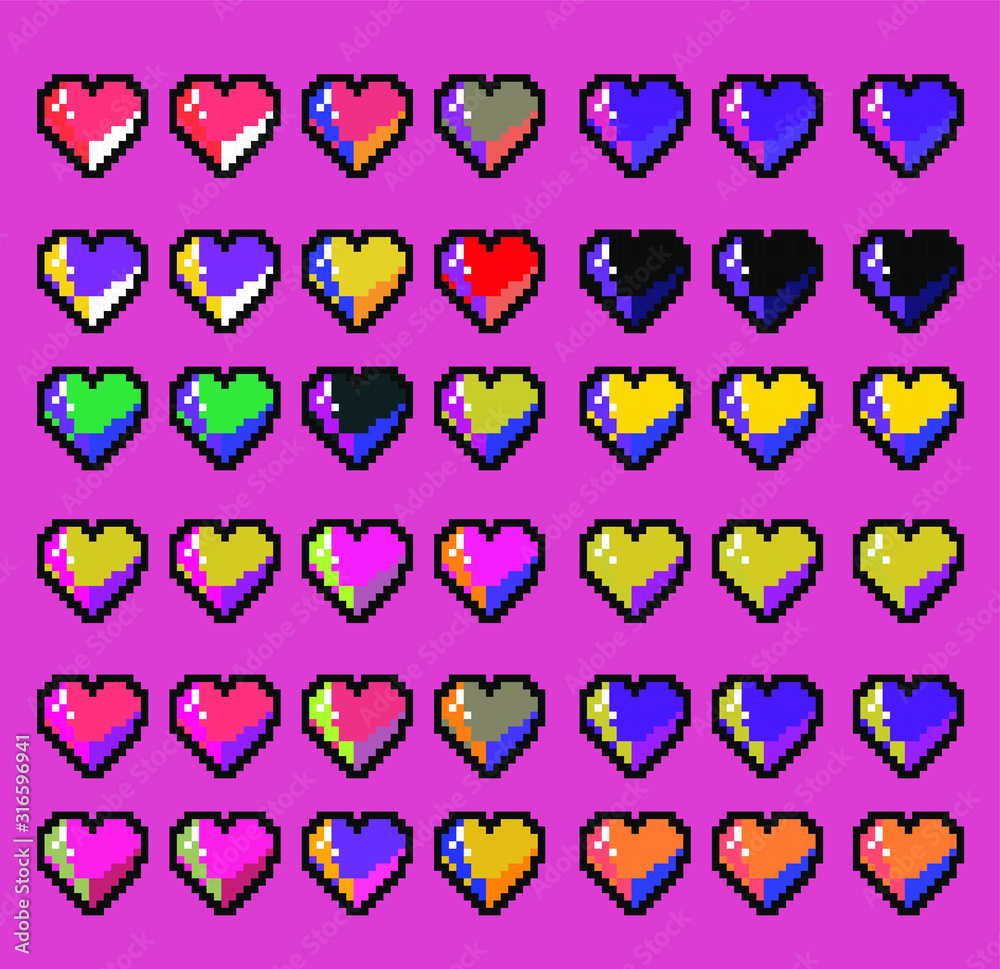 Pattern made of pixelated hearts like in old 8-bit arcade video game. Vaporwave and retrowave style illustration for print design.