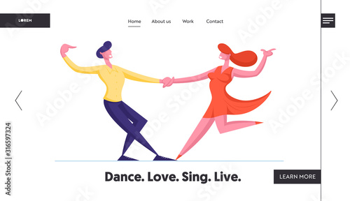 Disco or Tango Dance Leisure or Hobby Website Landing Page. Young Couple Dancing Sparetime. People Active Lifestyle, Man and Woman Spend Time Together Web Page Banner Cartoon Flat Vector Illustration