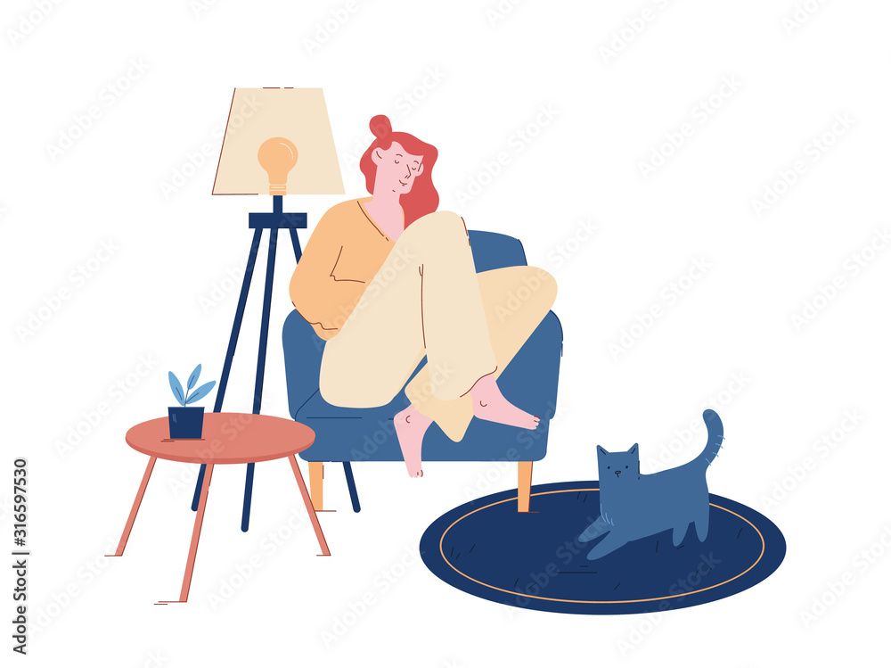 Young Woman Sitting on Cozy Armchair at Home Sleeping or Read Interesting Book with Cat Sitting on Floor. Tired Girl Nap after Work. Loneliness, Relaxation Cartoon Flat Vector Illustration, Line Art