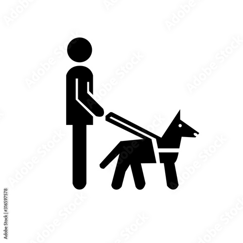 Black and white vector illustration of sight disabled man with guiding dog