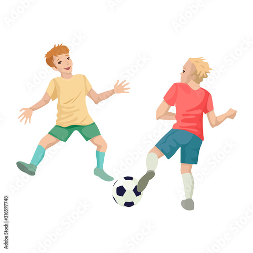 Two football players playing with the ball. Vector illustration of characters.