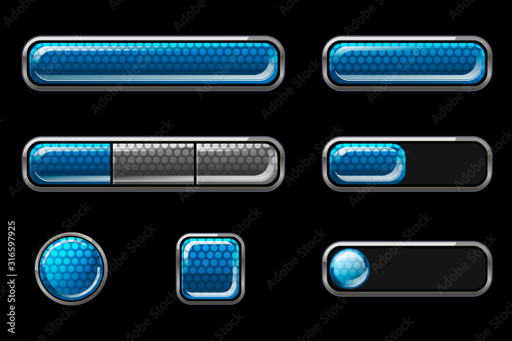 Set of blue glossy buttons for user interface.