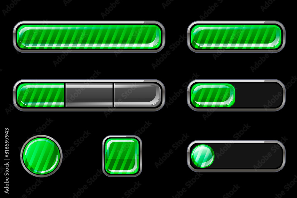 Set of glossy green striped buttons for interface.