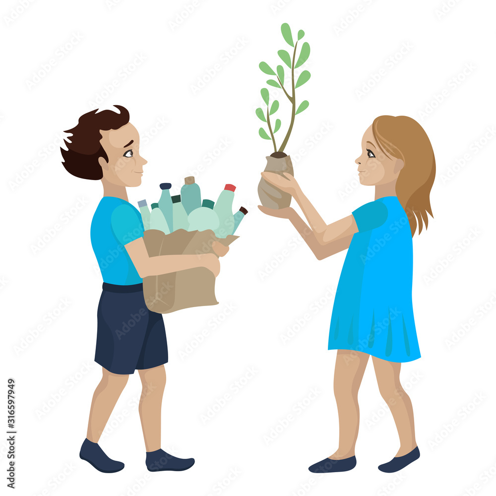 Children volunteers collect plastic and plant trees. Save the ecology of the planet. Vector characters Children volunteers collect plastic and plant trees. Save the ecology of the planet. Vector characters