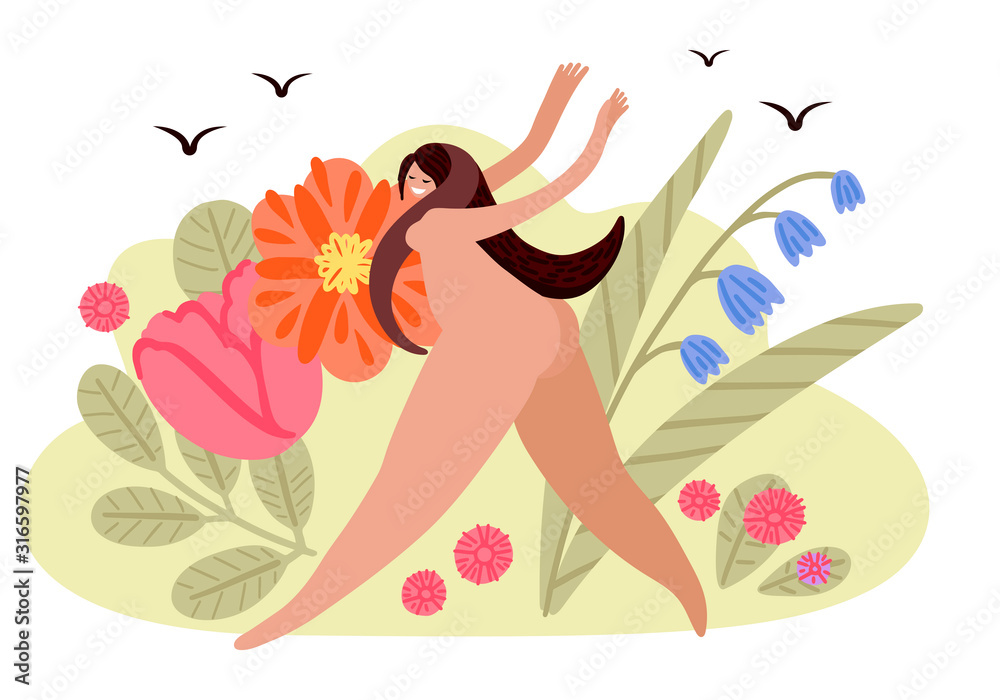 Joyful naked girl runs across the field with flowers. Summer Vector Illustration Joyful naked girl runs across the field with flowers. Summer Vector Illustration