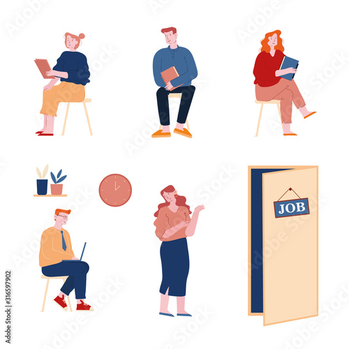 People Applicants Wait Job Interview Set. Candidates Sitting Near Cabinet Isolated on White Background. Employment, Recruitment or Hiring Working Situation. Cartoon Flat Vector Illustration, Line Art
