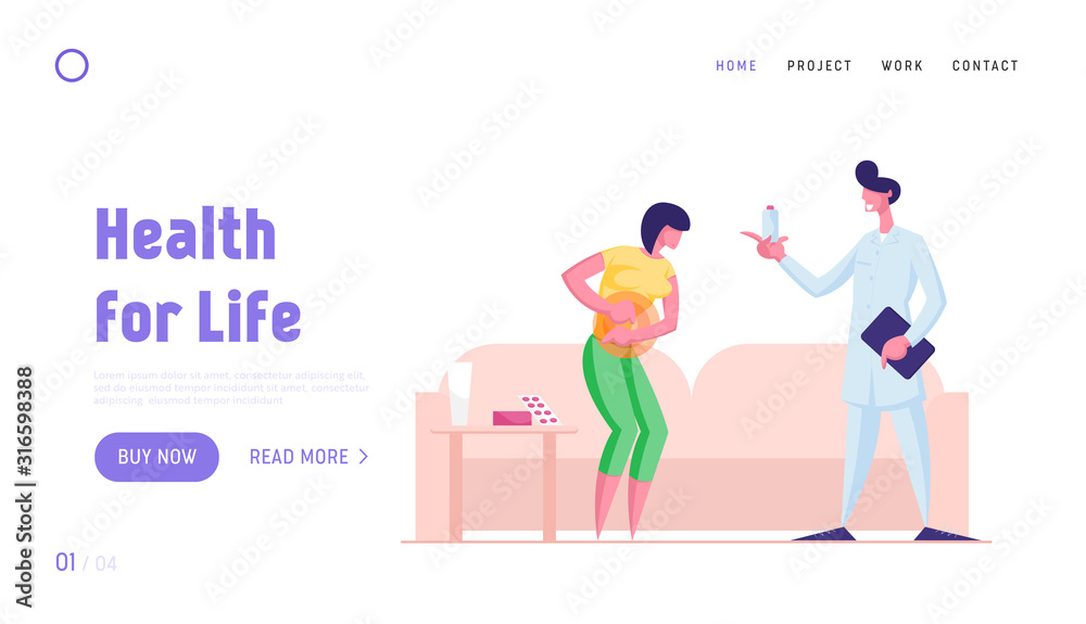 Disease and Illness Website Landing Page. Young Diseased Woman with Abdominal Pain in Stomach Call to Home Doctor Service for Medicine Pills Treatment Web Page Banner. Cartoon Flat Vector Illustration