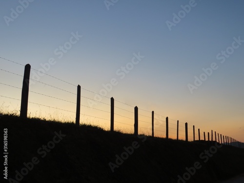 late afternoon landscape and a wire fence