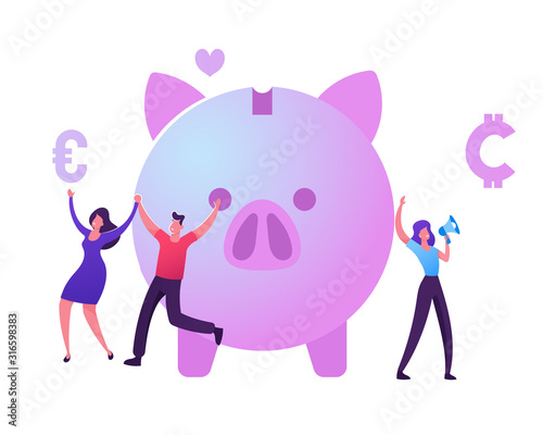 Bonus Card, Loyalty Program, Earn Reward, Redeem Gift, Perk Concept. Tiny Male and Female Characters Happily Jumping near Piggy Bank, Woman Promoter Shout to Megaphone Cartoon Flat Vector Illustration