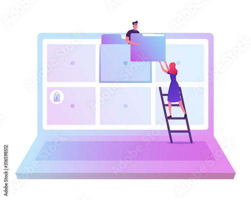Archive Managing, Online Digital Database Concept. Businessman Giving Documents Folder from Laptop Screen to Businesswoman Stand on Ladder. Working Files Organization. Cartoon Flat Vector Illustration