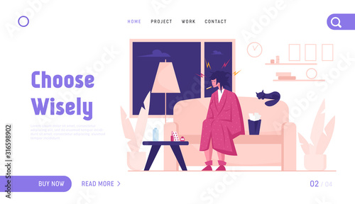 Seasonal Disease and Illness Website Landing Page. Sick Woman Having Cold. Ill Girl with Thermometer in Mouth Sitting at Home with Medicine on Table Web Page Banner. Cartoon Flat Vector Illustration